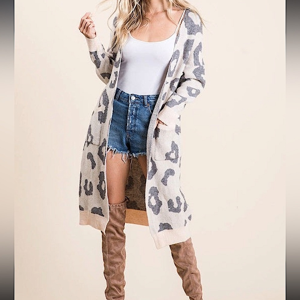 🆕🩶MACARON: CHARCOAL/TAUPE Long Leopard Sweater Cardigan MEDIUM